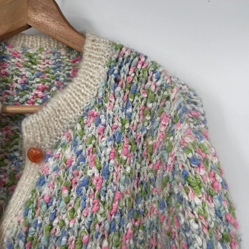 Vintage Handmade Chunky Knit Cardigan Multi Color Speckled Buttons Cream Trim - Picture 2 of 8